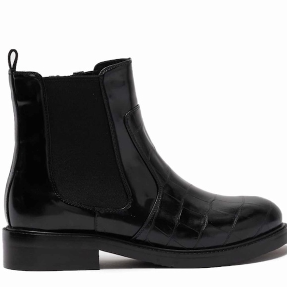 Jeffrey Campbell Lomon Croc Embossed Low Heel Leather Black Ankle Chelsea Boots - Picture 3 of 11